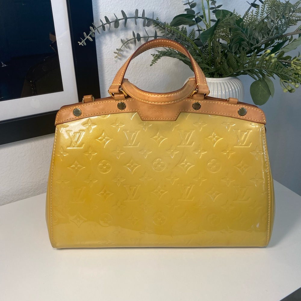 Louis Vuitton Yellow Patent Vernis Satchel with Tan Leather Trim